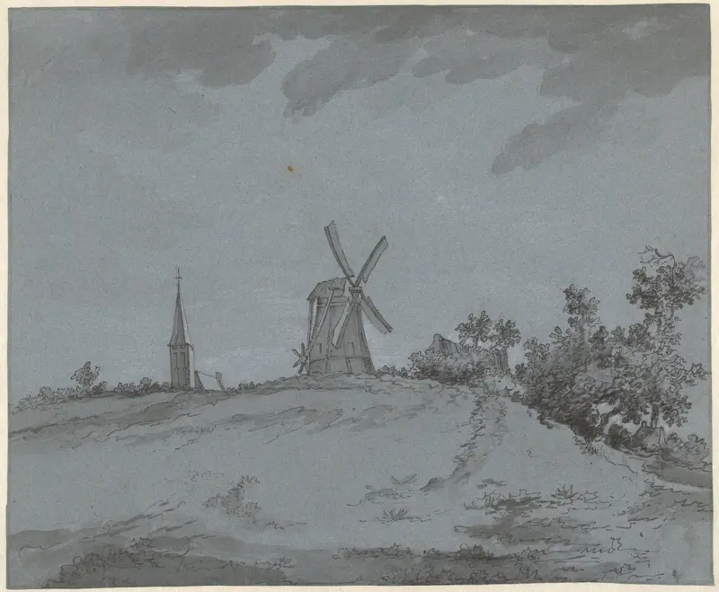 Landschap met windmolen en kerk op een heuvel Wall Art by Jacob Ernst Marcus - High-Resolution Digital Print