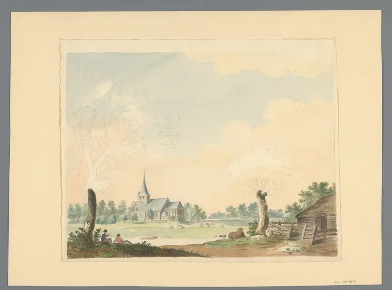 Landschap met zicht over weiland op een kerk Wall Art by anonymous - High-Resolution Digital Print