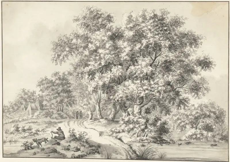 Landschap met zittende man met hond en wandelaars op landweg Wall Art by Unknown - High-Resolution Digital Print