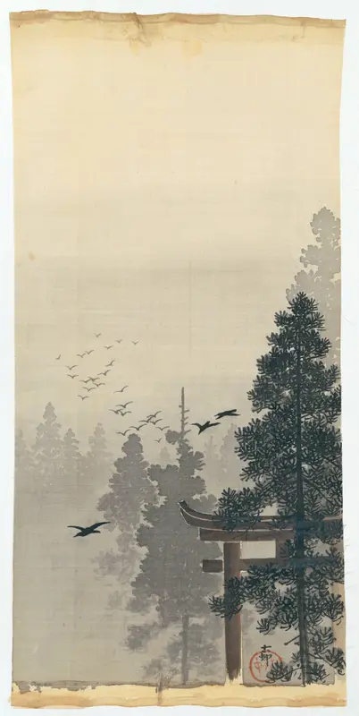 Landschap met zwerm vogels en torii Wall Art by Ohara Koson - High-Resolution Digital Print
