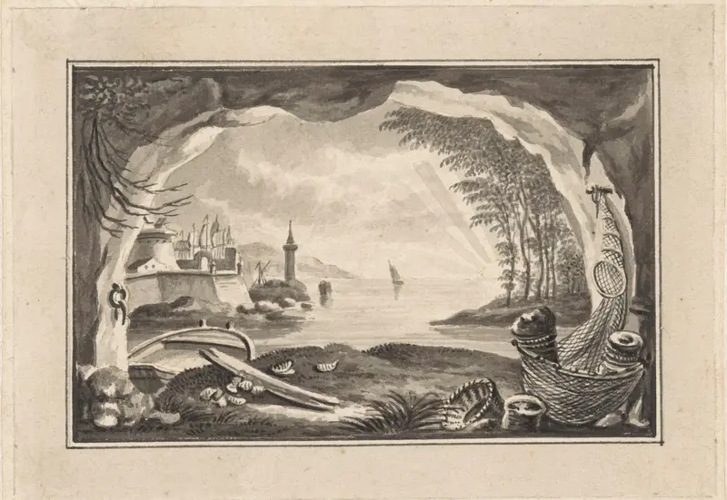 Landschapsvignet met gezicht vanuit een grot op een haven Wall Art by anonymous - High-Resolution Digital Print