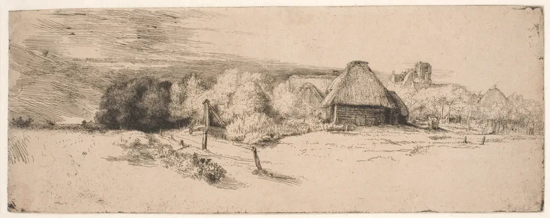 Landskab med træer, bondegårde og et tårn Wall Art by Rembrandt van Rijn - High-Resolution Digital Print