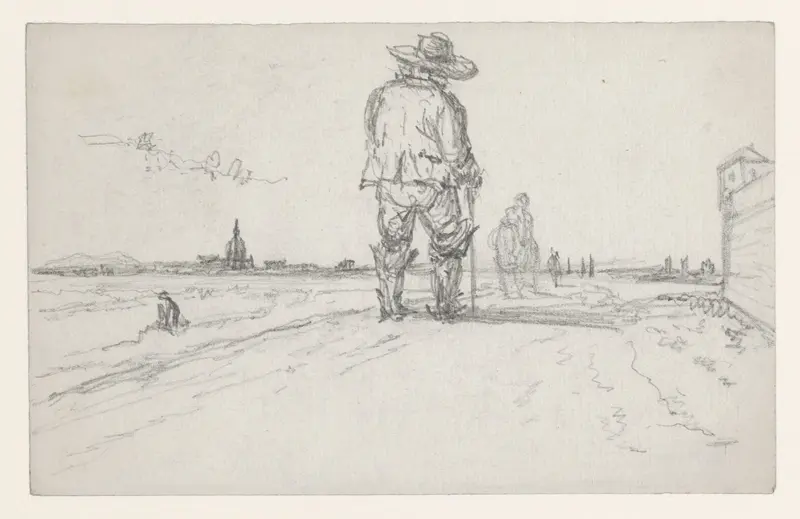 Landweg in de omgeving van de stad met wandelaar van achteren gezien; links de koepel van de Invalides Wall Art by Georges Michel - High-Resolution Digital Print