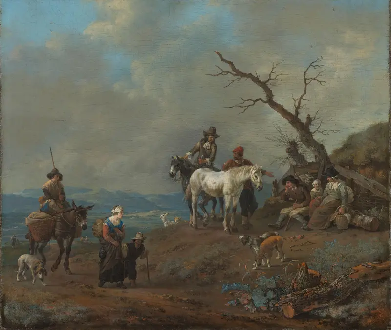 Landweg met jager en landlieden