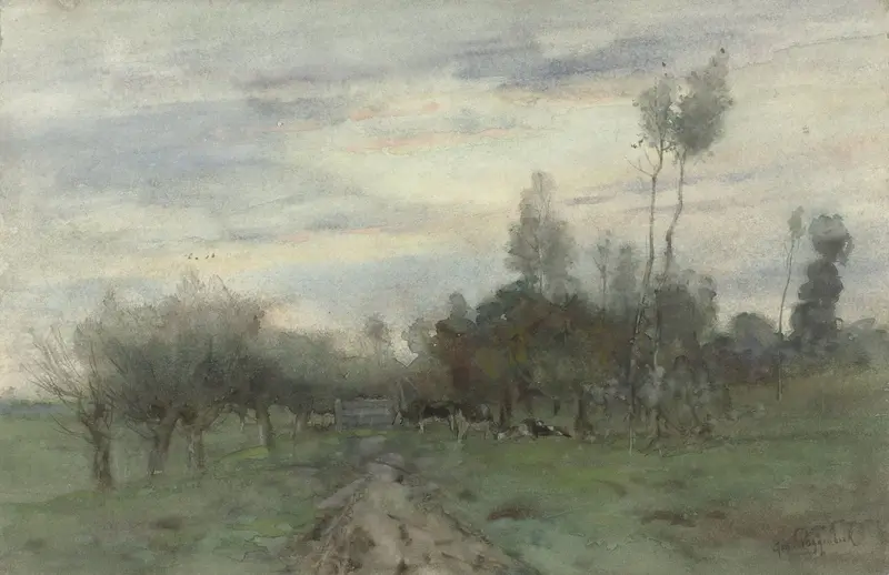Landweg met koeien in de schemering Wall Art by Unknown - High-Resolution Digital Print
