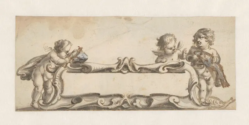 Langwerpige cartouche met drie putti Wall Art by Pieter Jansz - High-Resolution Digital Print