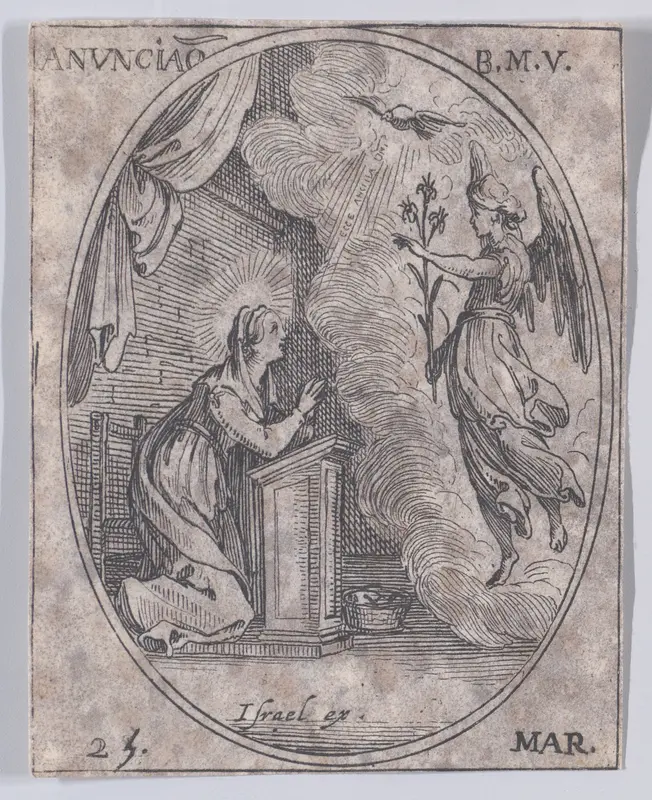 L'Annonciation de la Ste. Vierge (The Annunciation of the Virgin), March 25th, from "Les Images De Tous Les Saincts et Saintes de L'Année" (Images of All of the Saints and Religious Events of the Year) Wall Art by Jacques Callot - High-Resolution Digital Print