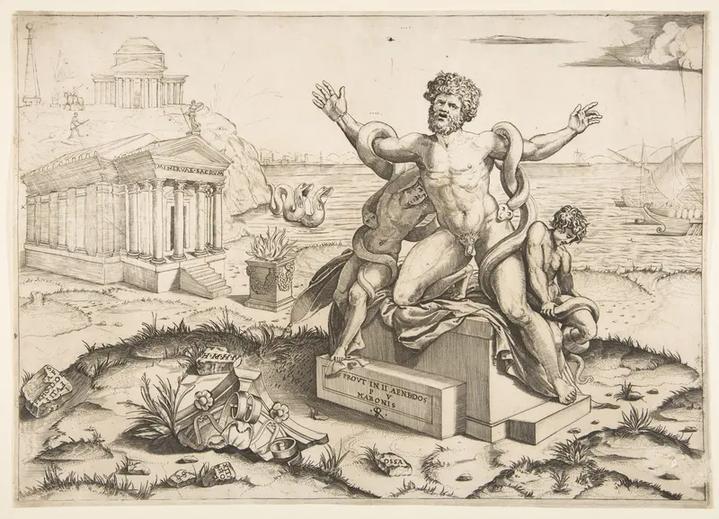 Laocoön and his two sons being attacked by serpents upon a pedestal, a temple to Minerva behind them, another temple and the sea in the background