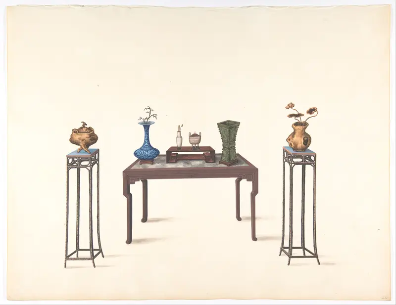 Large Table and Two Small Higher Ones with Vases Wall Art by Anonymous, Chinese, 19th century - High-Resolution Digital Print