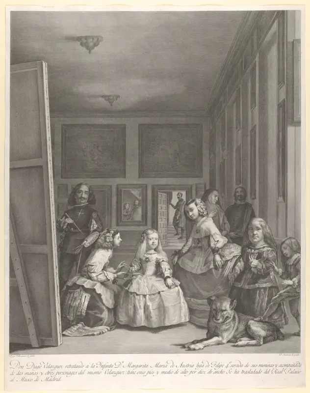 Las Meninas: the family of Philip IV in the foreground with the Infanta Margarita in the centre, Velázquez standing painting at left, the King and Queen reflected in the mirror in the background Wall Art by Pierre Audouin - High-Resolution Digital Print