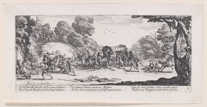 L'Attaque de la Diligence (The Attack of the Stagecoach), from Les Misères et les Mal-Heures de la Guerre (The Miseries and Misfortunes of War), plate 8 Wall Art by Jacques Callot - High-Resolution Digital Print