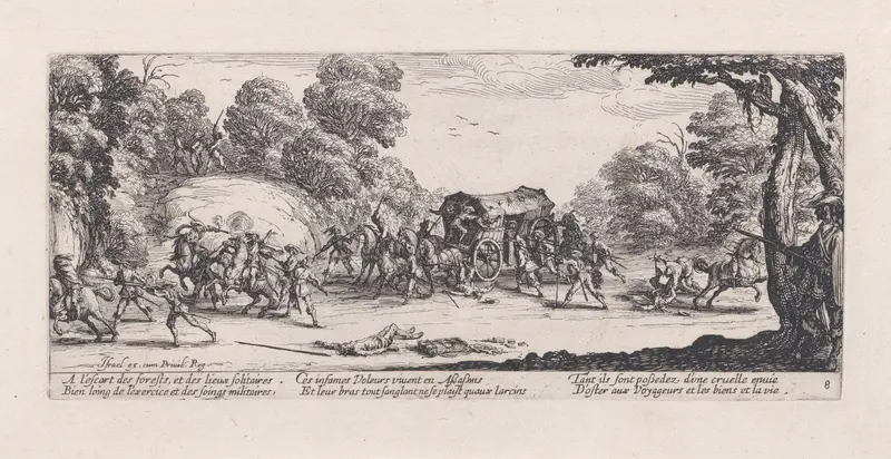 L'Attaque de la Diligence (The Attack of the Stagecoach), plate 8 from "Les Misères et les Mal-Heures de la Guerre" (The Miseries and Misfortunes of War) Wall Art by Jacques Callot - High-Resolution Digital Print