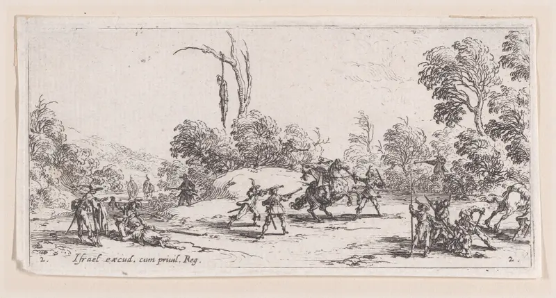 L'Attaque sur la Route estampe appelée aussi Vol Sur Les Grands Chemins (Attack on Route, also called Theft on the Great Road), plate 2 from "Les Petites Misères de la Guerre" (The Little Miseries of War) Wall Art by Jacques Callot - High-Resolution Digital Print