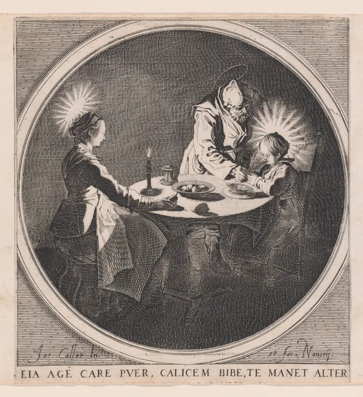 Le Benedicite, estampe appelée aussi La Sainte Famille a Table et St. Joseph Faisant Boire L'Enfant Jésus (The Grace, also called The Holy Family at the Table and St. Joseph Giving the Christ Child a Drink) Wall Art by Jacques Callot - High-Resolution Digital Print