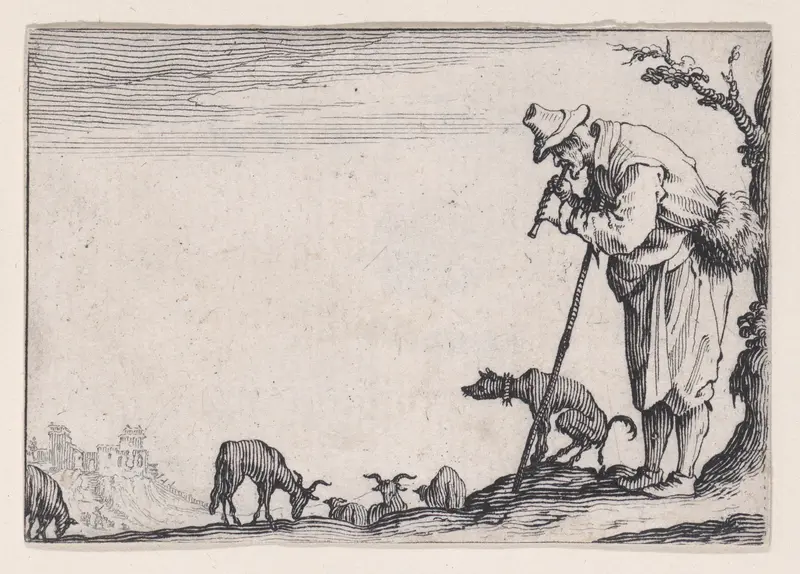 Le Berger Jouant de la Flute (The Shepherd Playing the Flute), from "Les Caprices" Series A, The Florence Set Wall Art by Jacques Callot - High-Resolution Digital Print