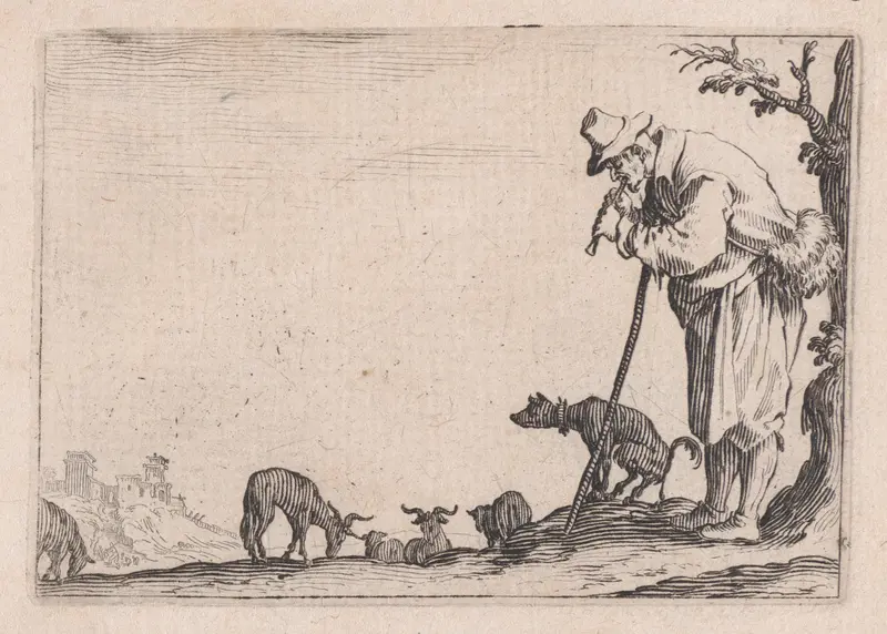 Le Berger Jouant de la Flute (The Shepherd Playing the Flute), from "Les Caprices" Series B, The Nancy Set Wall Art by Jacques Callot - High-Resolution Digital Print