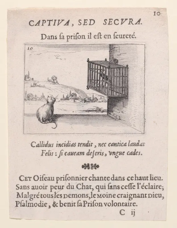 Le Chat Guettant L'Oiseau en Cage (The Cat Watching the Bird in the Cage), plate 10 from "Lux Claustri ou La Lumière du Cloitre" (The Light of the Cloisters) Wall Art by Jacques Callot - High-Resolution Digital Print