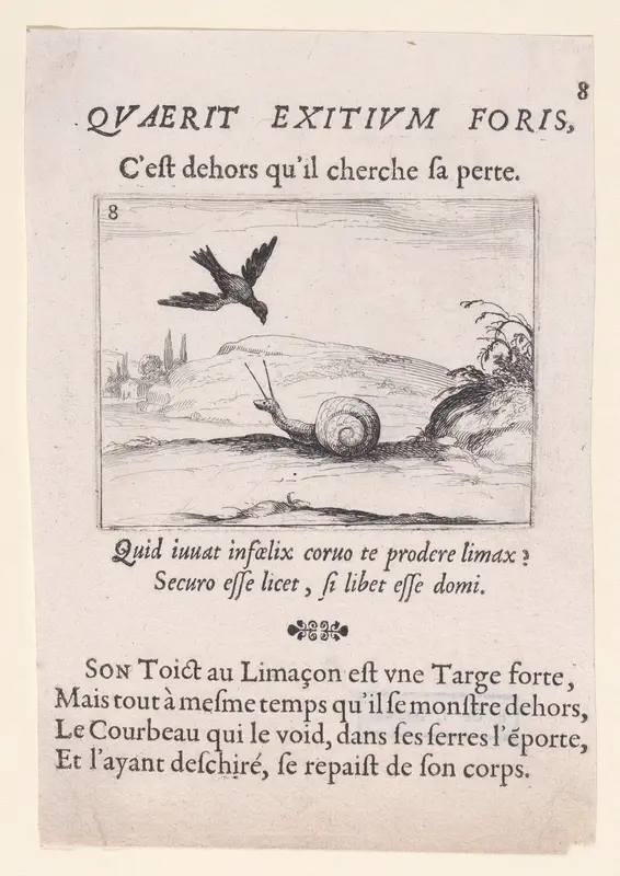 Le Corbeau et Le Limaçon (The Raven and the Snail), plate 8 from "Lux Claustri ou La Lumière du Cloitre" (The Light of the Cloisters) Wall Art by Jacques Callot - High-Resolution Digital Print