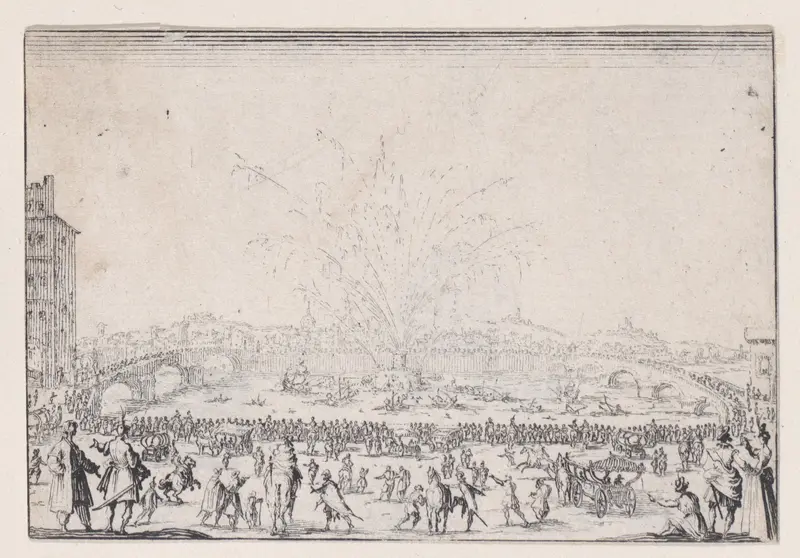 Le Feu d'Artifice sur l'Arno (Fireworks on the Arno), from "Les Caprices" Series A, The Florence Set Wall Art by Jacques Callot - High-Resolution Digital Print