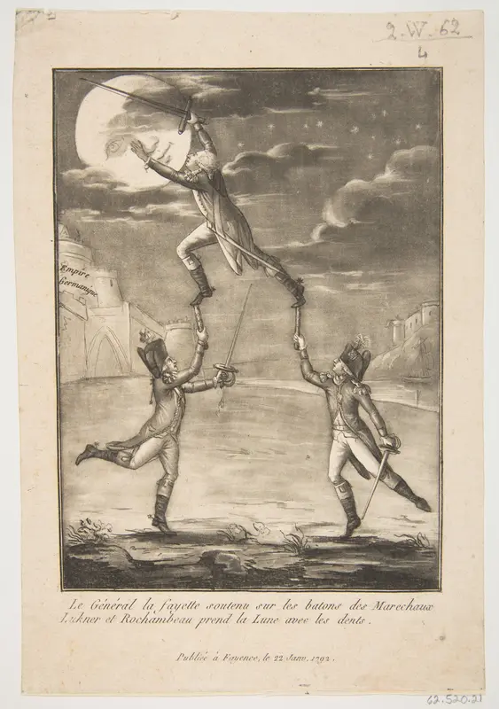 Le Général la fayette soutenu sur les batons des marechaux Lukner et Rochambeau prend la Lune avec les dents Wall Art by Anonymous, French, 18th century - High-Resolution Digital Print
