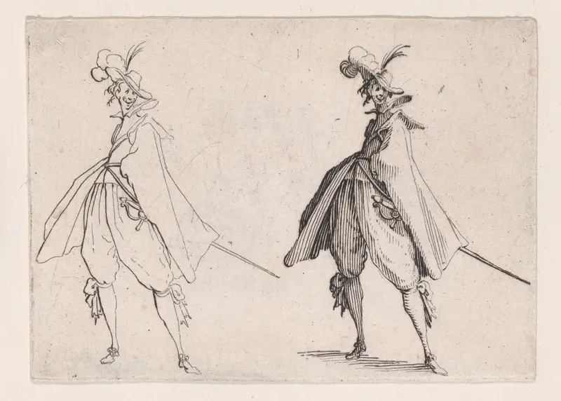 Le Gentilhomme au Grand Manteau, Vu de Face (The Gentleman with a Large Mantle, Viewed from the Front), from "Les Caprices" Series A, The Florence Set Wall Art by Jacques Callot - High-Resolution Digital Print