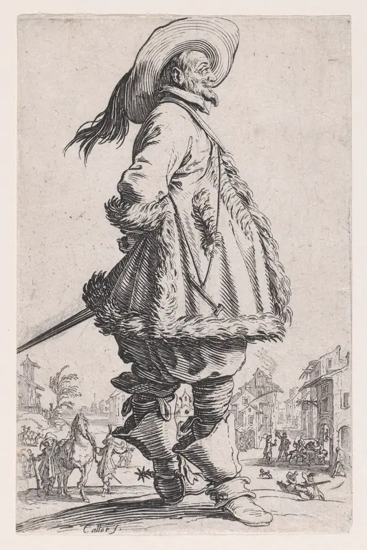 Le Gentilhomme au Manteau Bordé de Fourrures Tenant ses Mains Derrière le Dos (The Gentleman with the Fur-Lined Mantle Holding his Hands Behind his Back), from "La Noblesse" (The Nobility) Wall Art by Jacques Callot - High-Resolution Digital Print