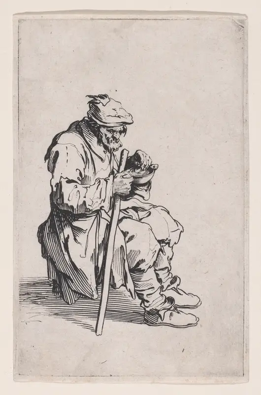 Le Gueux Assis et Mangeant (The Beggar Sitting and Eating), from "Les Gueux suite appelée aussi Les Mendiants, Les Baroni, ou Les Barons" (The Beggars, also called the Barons) Wall Art by Jacques Callot - High-Resolution Digital Print