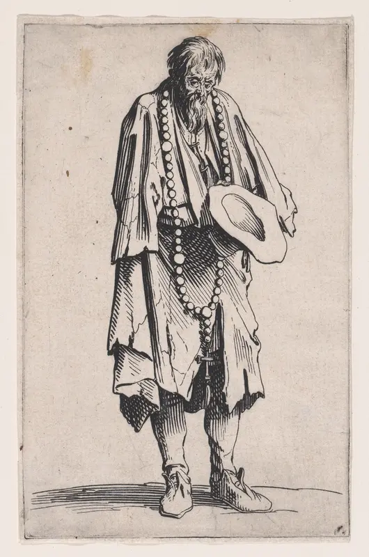 Le Mendaint au Rosaire (The Beggar with a Rosary), from "Les Gueux suite appelée aussi Les Mendiants, Les Baroni, ou Les Barons" (The Beggars, also called the Barons) Wall Art by Jacques Callot - High-Resolution Digital Print