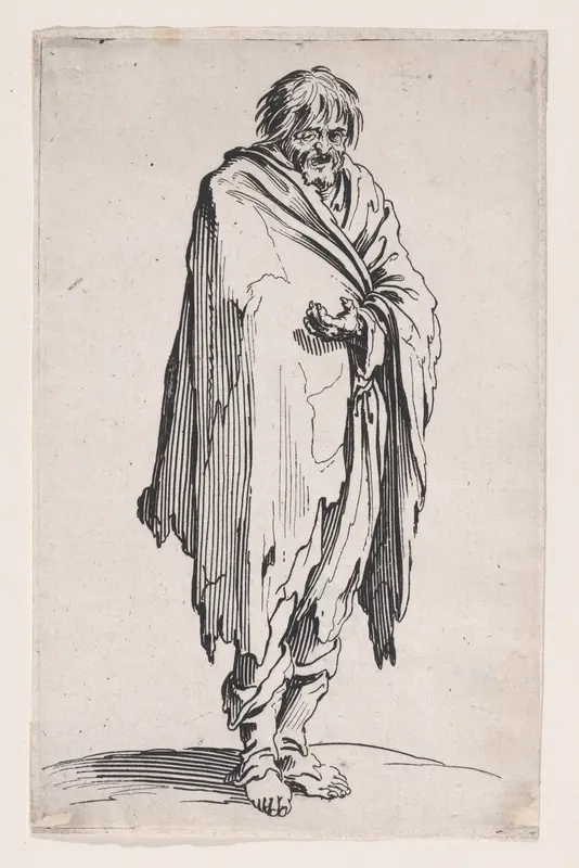 Le Mendiant a la Tête Découverte et aux Pieds Nuds (The Beggar with the Uncovered Head and Bare Feet), from "Les Gueux suite appelée aussi Les Mendiants, Les Baroni, ou Les Barons" (The Beggars, also called the Barons) Wall Art by Jacques Callot - High-Resolution Digital Print