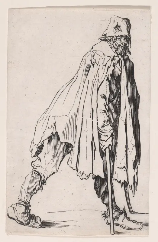 Le Mendiant aux Béquilles Coiffé d'un Bonnet (The Beggar on Crutches Wearing a Cap), from "Les Gueux suite appelée aussi Les Mendiants, Les Baroni, ou Les Barons" (The Beggars, also called the Barons) Wall Art by Jacques Callot - High-Resolution Digital Print