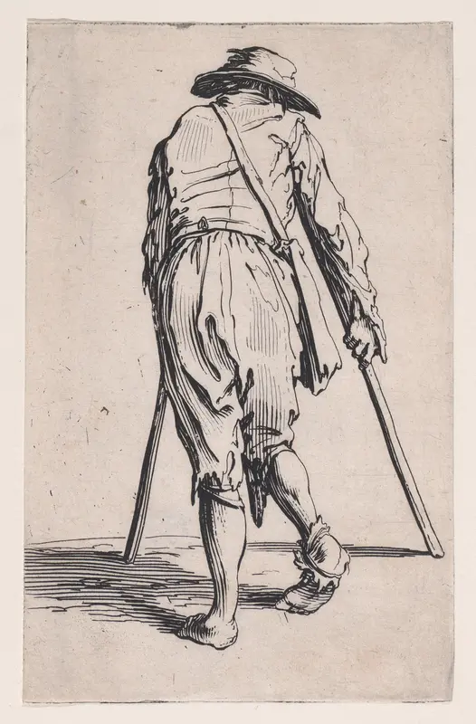 Le Mendiant aux Béquilles Coiffé d'un Chapeau et Vu de Dos (The Beggar with Crutches and a Hat Viewed from Behind), from "Les Gueux suite appelée aussi Les Mendiants, Les Baroni, ou Les Barons" (The Beggars, also called the Barons) Wall Art by Jacques Callot - High-Resolution Digital Print