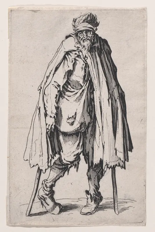 Le Mendiant aux Béquilles et a la Besace (The Beggar with the Crutches and the Pouch), from "Les Gueux suite appelée aussi Les Mendiants, Les Baroni, ou Les Barons" (The Beggars, also called the Barons) Wall Art by Jacques Callot - High-Resolution Digital Print
