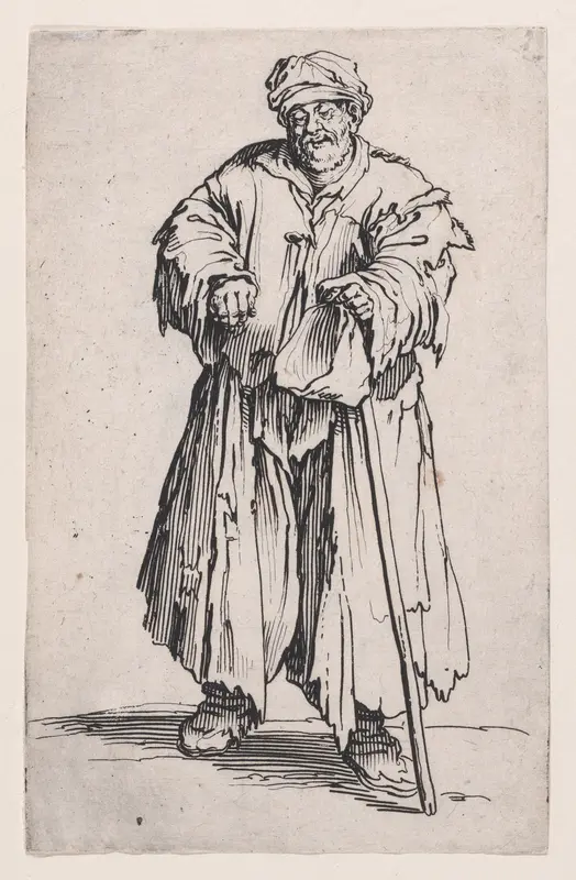 Le Mendiant Obèse aux Yeux Baissés (The Obese Beggar with Lowered Eyes), from "Les Gueux suite appelée aussi Les Mendiants, Les Baroni, ou Les Barons" (The Beggars, also called the Barons) Wall Art by Jacques Callot - High-Resolution Digital Print
