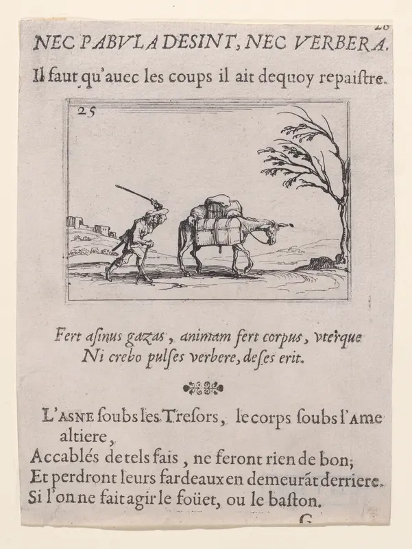 Le Paysan Frappant son Ane (The Peasant Striking his Donkey), plate 25 from "Lux Claustri ou La Lumière du Cloitre" (The Light of the Cloisters) Wall Art by Jacques Callot - High-Resolution Digital Print