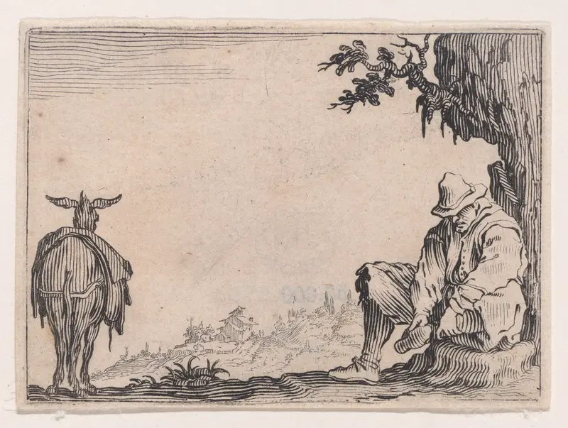 Le Paysan se Déchaussant (The Peasant Removing his Shoes), from Les Caprices Series B, The Nancy Set Wall Art by Jacques Callot - High-Resolution Digital Print