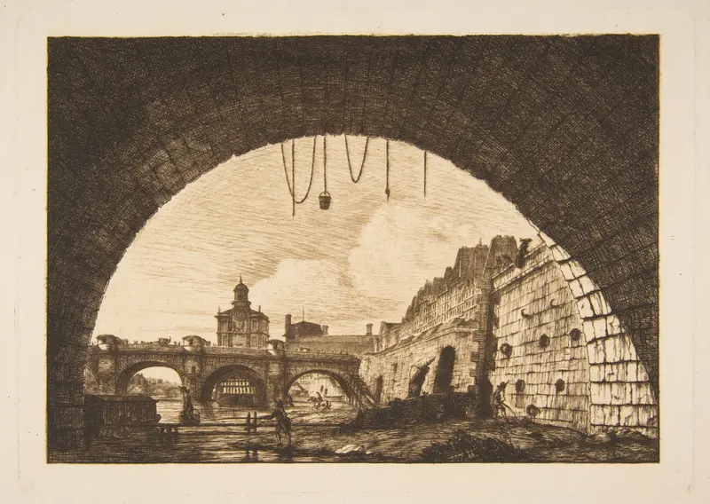 Le Pont-neuf et la Samartaine de dessous la première arche du Pont-au-Change (Pont-neuf and the Samartaine seen from under the first arch of the Pont-au-Change, Paris, after Nicolle) Wall Art by Charles Meryon - High-Resolution Digital Print