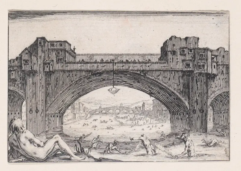 Le Ponte-Vecchio, a Florence (The Ponte-Vecchio in Florence), from "Les Caprices" Series A, The Florence Set Wall Art by Jacques Callot - High-Resolution Digital Print
