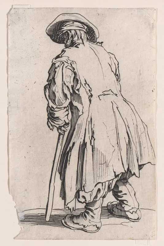 Le Vieux Mendiant a une Seule Béquille (The Old Beggar with One Crutch), from "Les Gueux suite appelée aussi Les Mendiants, Les Baroni, ou Les Barons" (The Beggars, also called the Barons) Wall Art by Jacques Callot - High-Resolution Digital Print