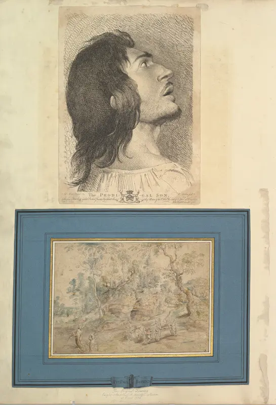 Leaf from Aedes Walpolianae mounted with a print and a drawing (a): Head in Profile of Prodigal Son; (b): The Wagonner (after Peter Paul Rubens) in Jean-Paul Mariette mount by Richard Earlom - High-Resolution Digital Print