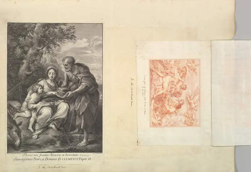Leaf from Aedes Walpolianae mounted with a print and a drawing: (a): The Virgin and Joseph with the Young Jesus; (b): Acis and Galatea by Johann Jakob Frey the Elder - High-Resolution Digital Print
