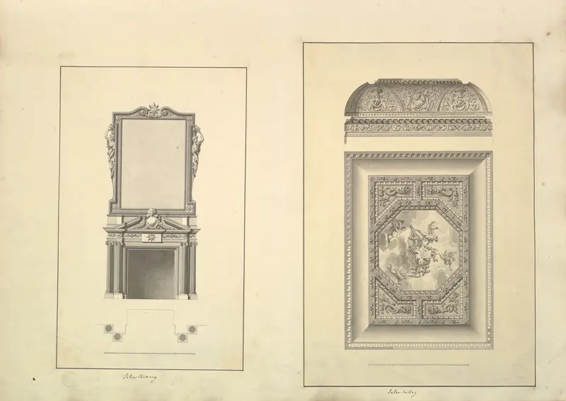 Leaf from Aedes Walpolianae mounted with two drawings: (a): Salon Chimney, Houghton Hall, Norfolk, Elevation; (b): Salon Ceiling, Houghton Hall, Norfolk Wall Art by Isaac Ware - High-Resolution Digital Print