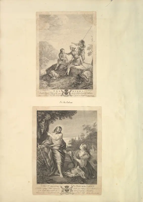 Leaf from Aedes Walpolianae mounted with two prints: (a): Three Soldiers; (b): Christ Appearing to Mary in the Garden by Richard Earlom - High-Resolution Digital Print