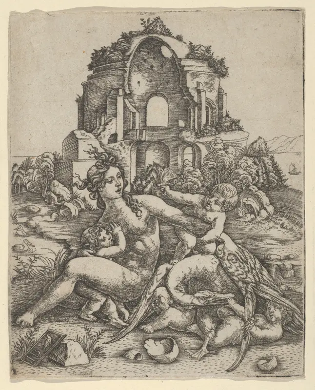 Leda and her children playing with the swan, with a Roman temple in the background Wall Art by Giovanni Battista Palumba - High-Resolution Digital Print