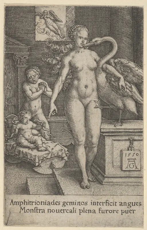 Leda with the Swan and Hercules as a Child, from The Labors of Hercules Wall Art by Heinrich Aldegrever - High-Resolution Digital Print