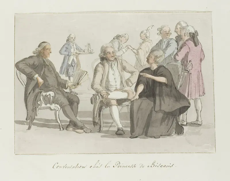 Leden van het reisgezelschap in gesprek met de prinses van Biscaris Wall Art by Louis Ducros - High-Resolution Digital Print