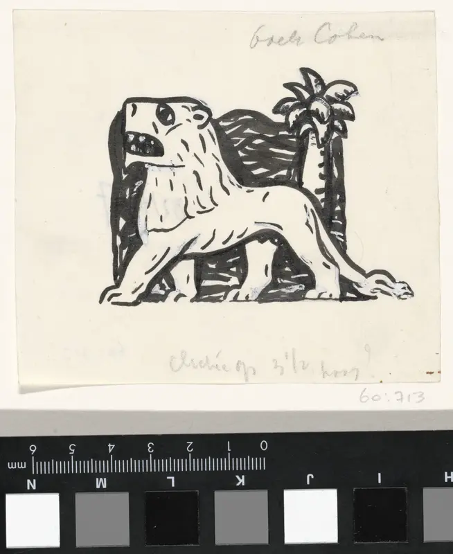Leeuw staat voor een palmboom Wall Art by Leo Gestel - High-Resolution Digital Print