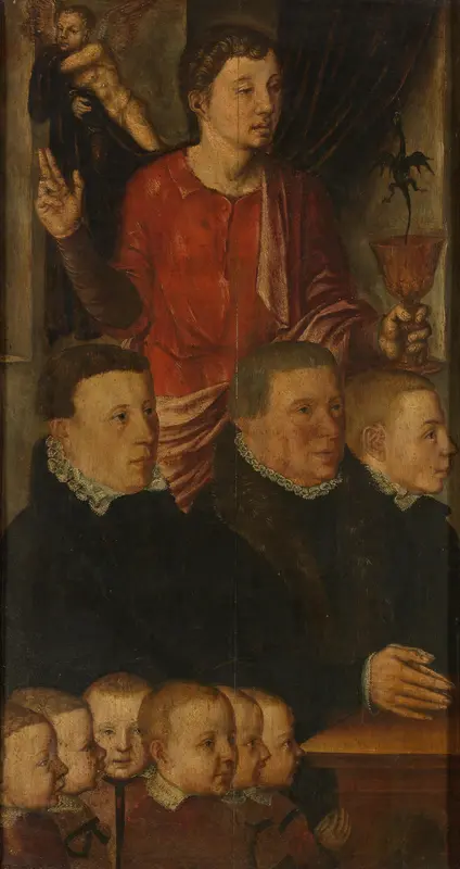 Left wing of a Memorial Triptych, formerly called the Gertz Memorial Triptych, with nine male Donor Portraits with Saint John the Evangelist (inner), and Saint Peter (outer) Wall Art by anonymous - High-Resolution Digital Print
