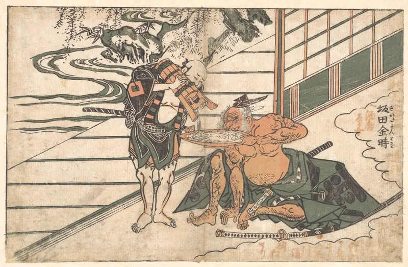 Legendary Strongman Sakata Kinpira (Kintoki) Drinking Sake Wall Art by Ishikawa Toyonobu - High-Resolution Digital Print
