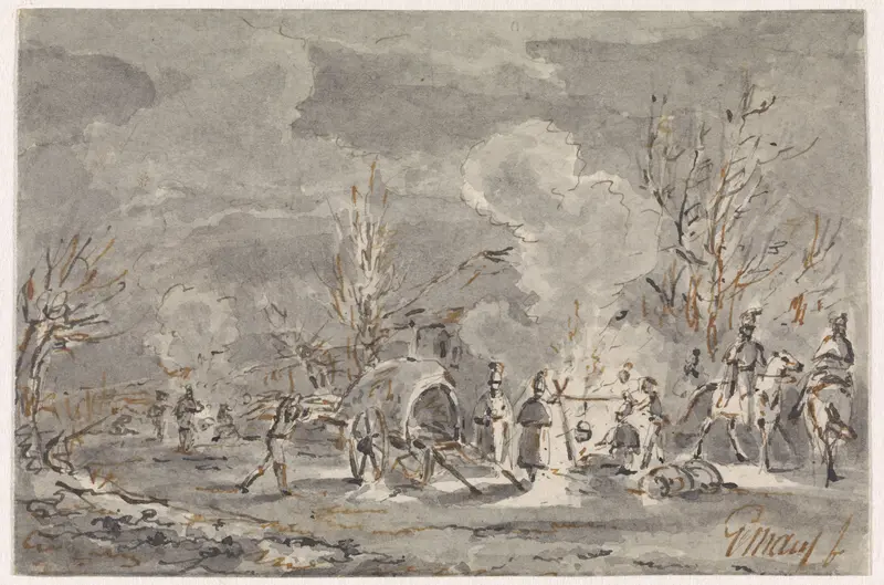 Legerplaats met soldaten rond kampvuur Wall Art by Gerardus Emaus de Micault - High-Resolution Digital Print