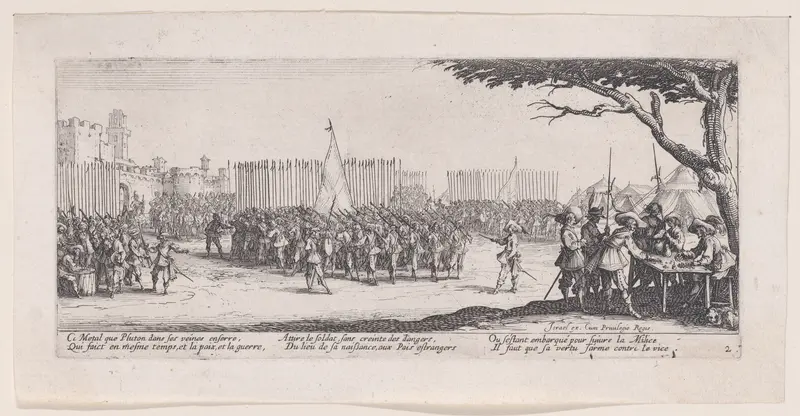 L'Enrolement des Troupes (The Enlistment of Troops), from Les Misères et les Mal-Heures de la Guerre (The Miseries and Misfortunes of War), plate 2 Wall Art by Jacques Callot - High-Resolution Digital Print